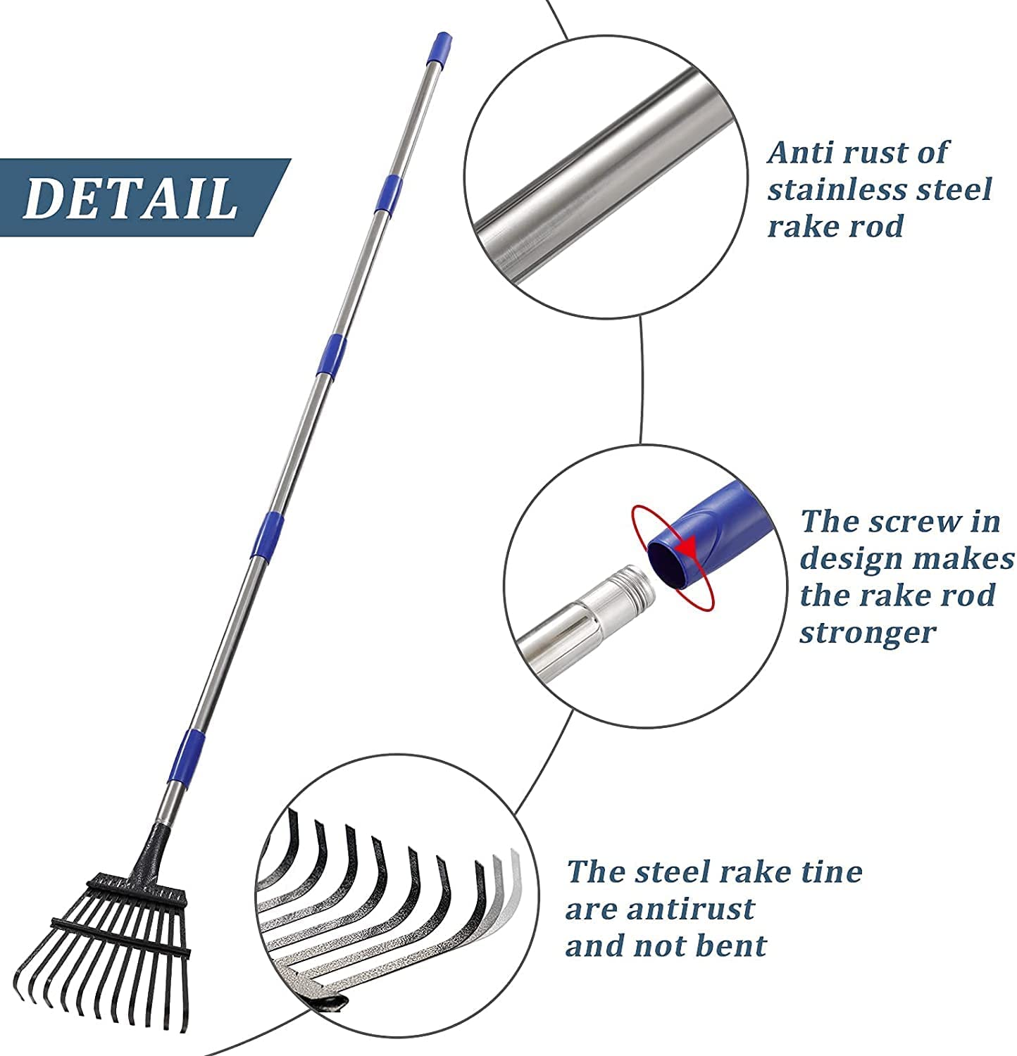 8.5" Garden Rake Leaf Rake 32" -74" Adjustable Handle