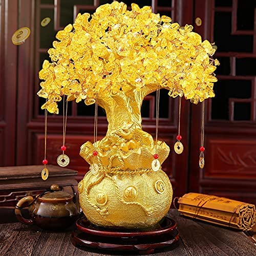 Feng Shui Citrine Yellow Crytal Money Tree with Chinese Dragon Pots