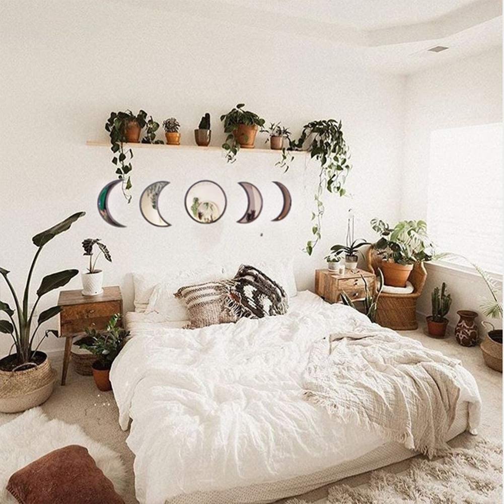 Bohemian Natural Decor 5 Pcs Acrylic Wall Decorative Mirror Interior Design Wooden Moon Phase Mirror (Beige)