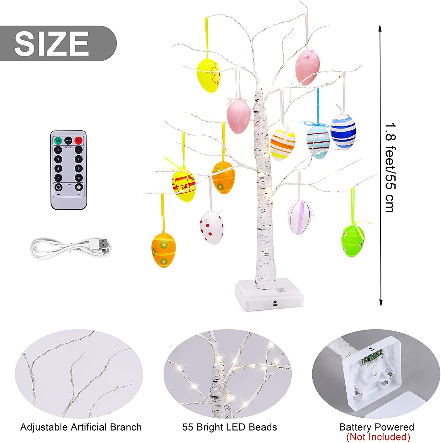 Easter Decorations - 55 LED Birch Tree with Timer & Easter Egg Ornaments | Battery Powered