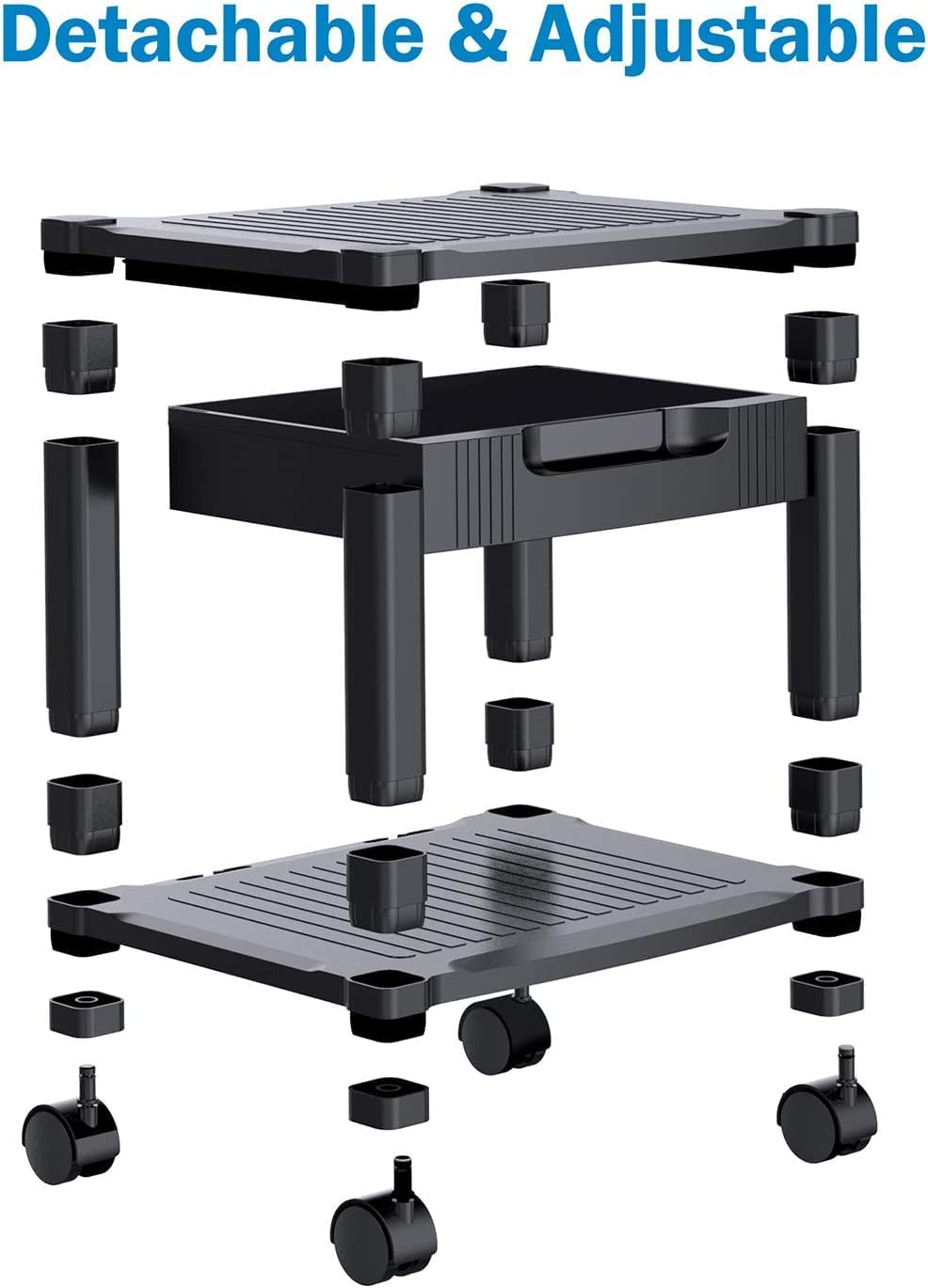 Printer Stand with Storage Drawers & Cable Management Adjustable Printer Desk with 4 Wheels & Lock Mechanism