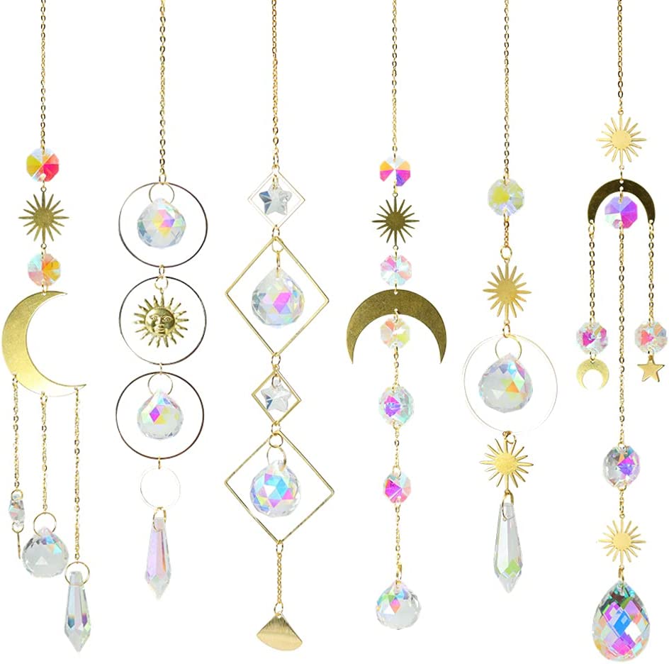 Hanging Suncatcher 6 Pcs Crystals Sun Catcher with Chain Pendant Ornament for Window Home Garden