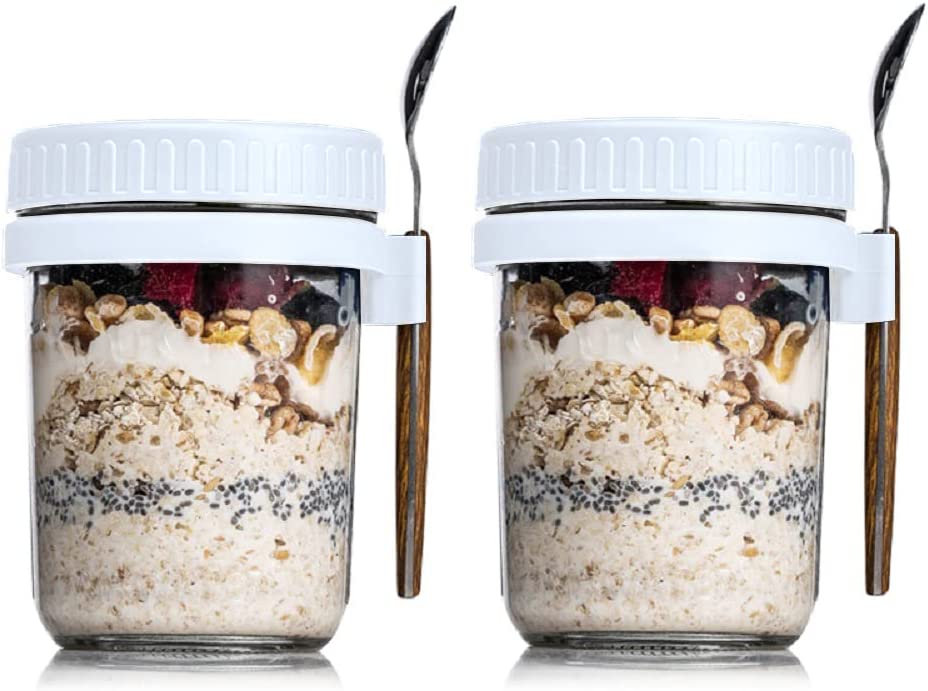 Overnight Food Storage Jars with Lid and Spoon, 10 oz, 2 Packs