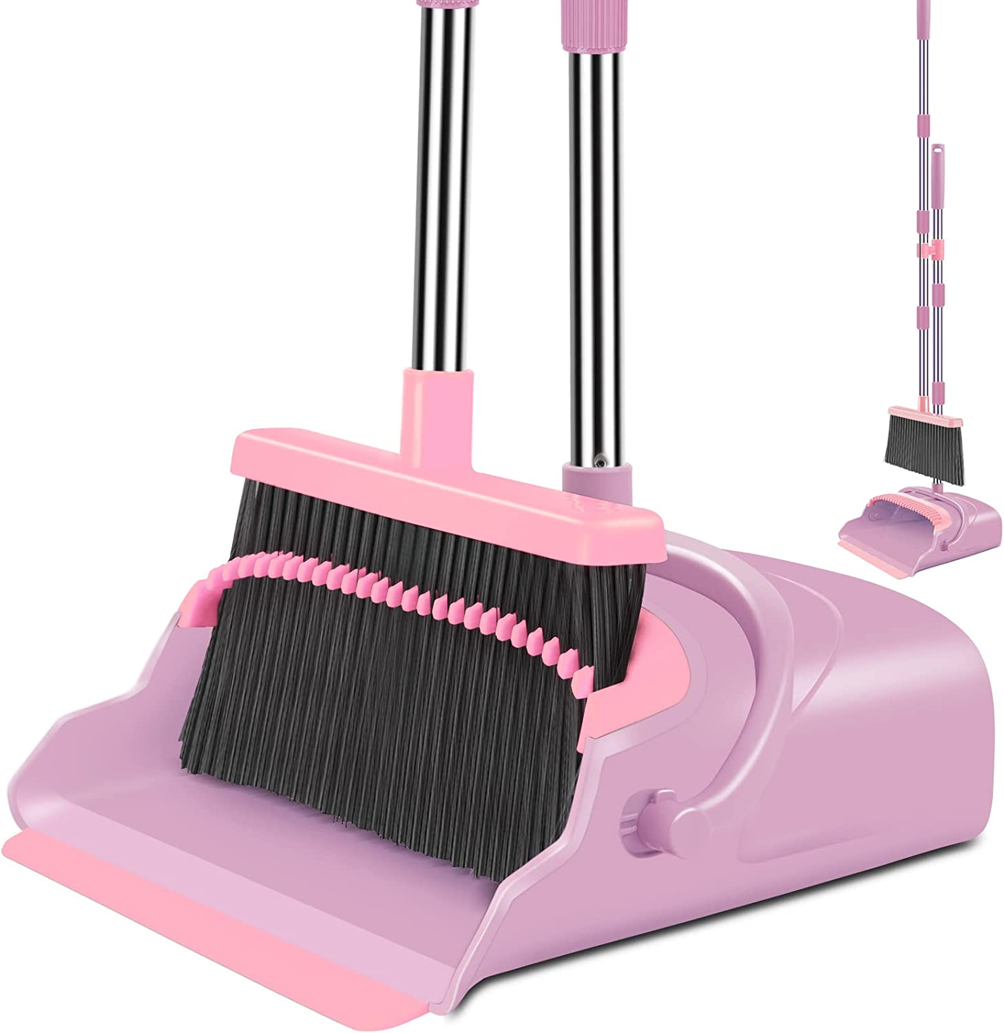 Broom Dustpan Set And Home Handle Long Dust Brush Pan Cleaning Outdoor Indoor Pink