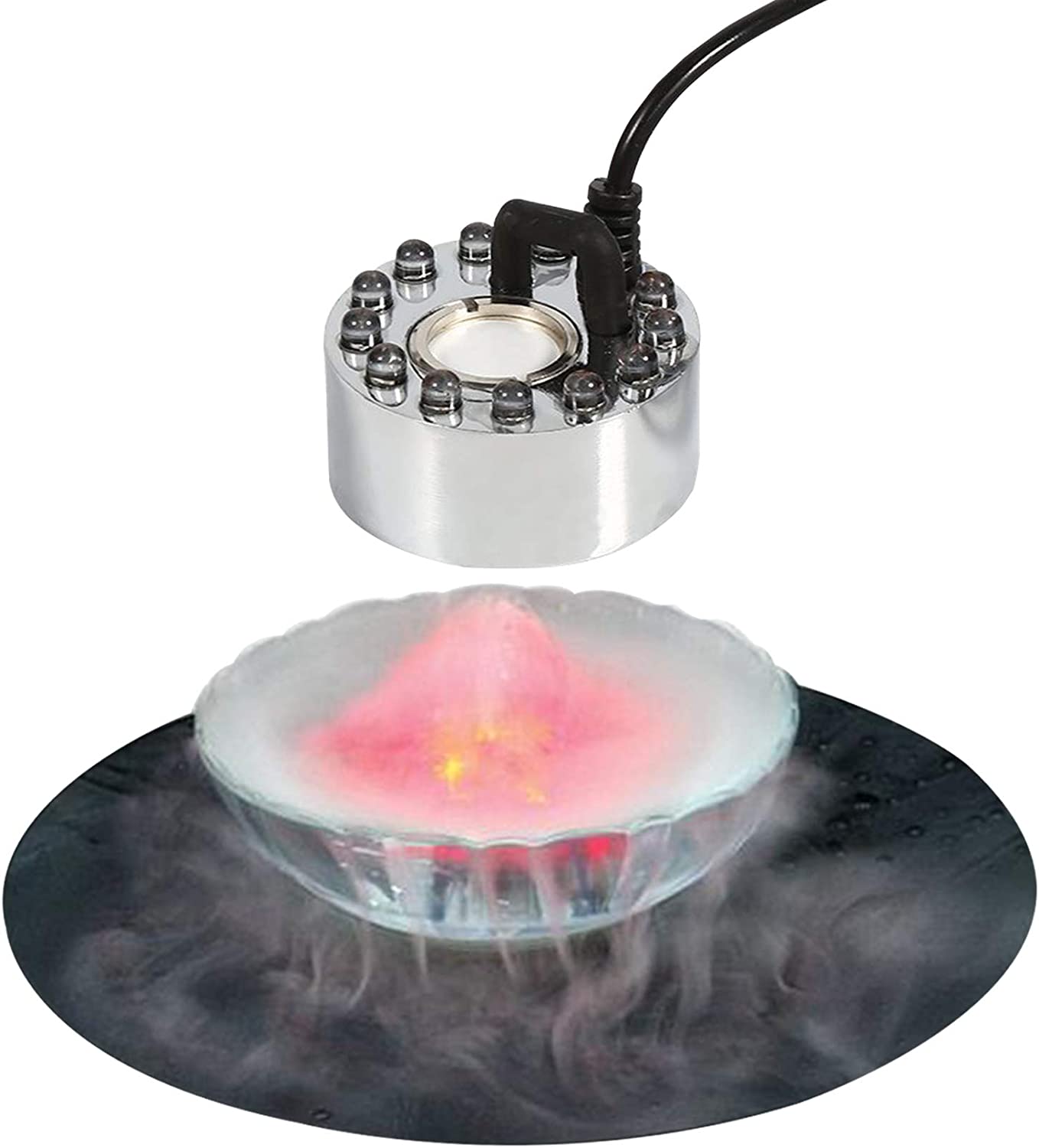 12 LED Red Yellow and Blue Light Ultrasonic Water Pond Fountain Fogger, Halloween Party Mist Maker