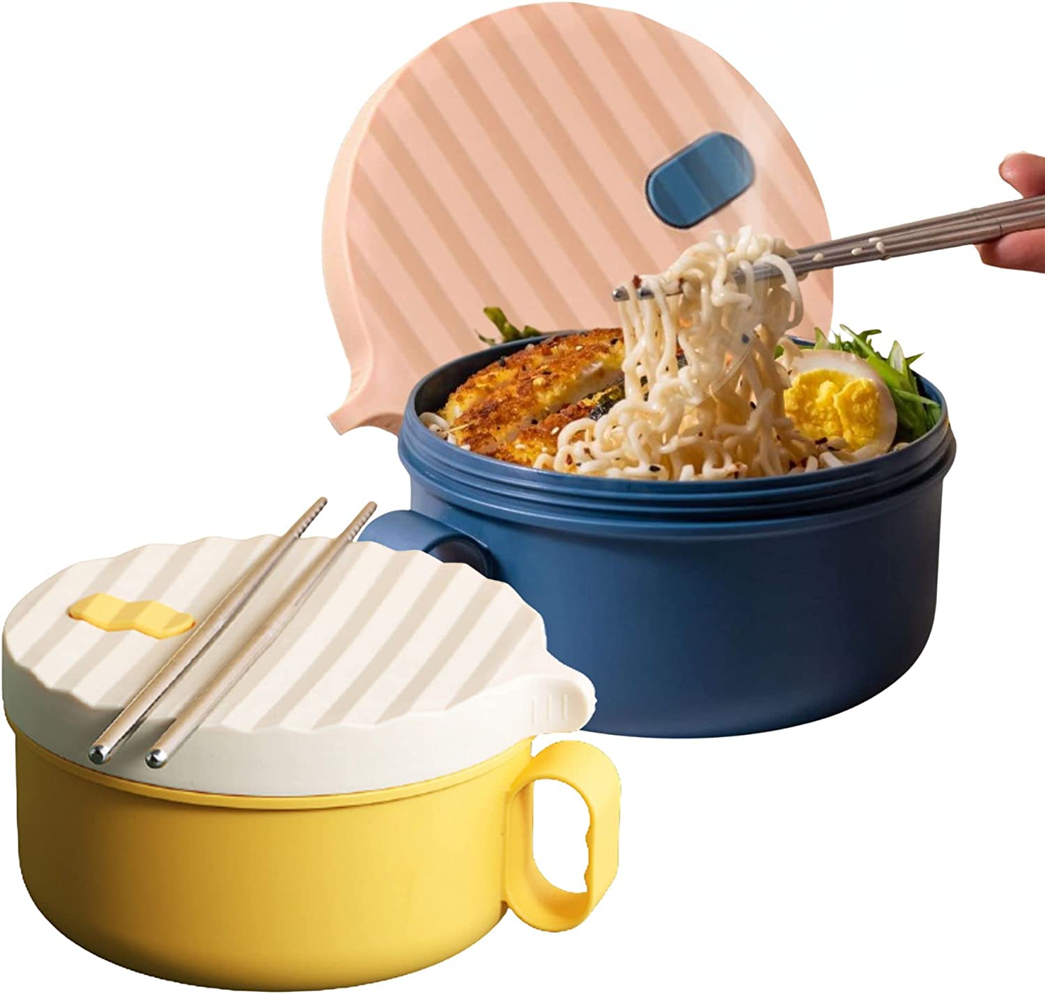 Portable Soup Bowl with Handle Microwave Ramen Bowl Set of 2 with Lid and Chopsticks