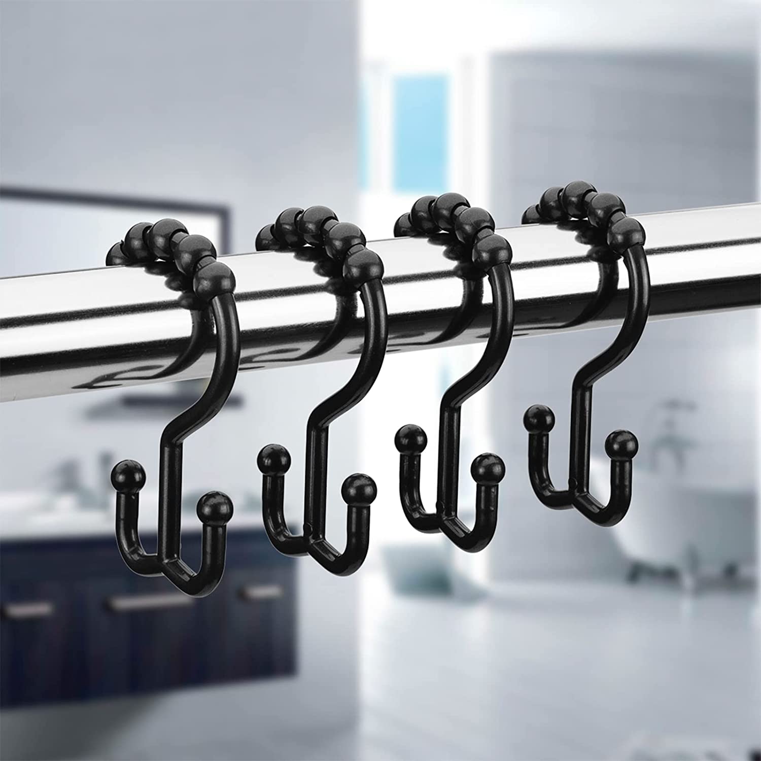 12 Pieces Shower Curtain Hooks, Double Shower Curtain Hooks for Bathroom, Black