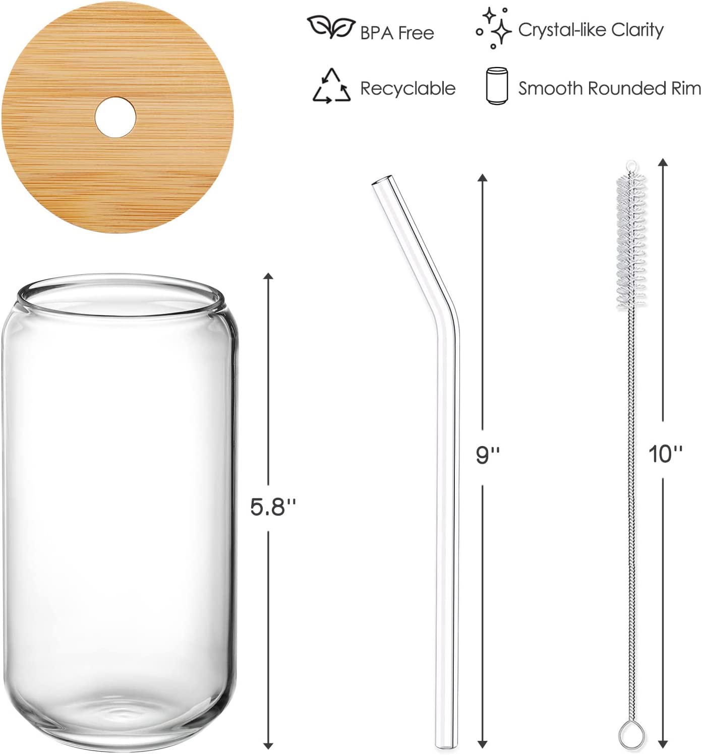 16 oz Drinking Glasses with Bamboo Lids and Glass Straw 4pcs Set