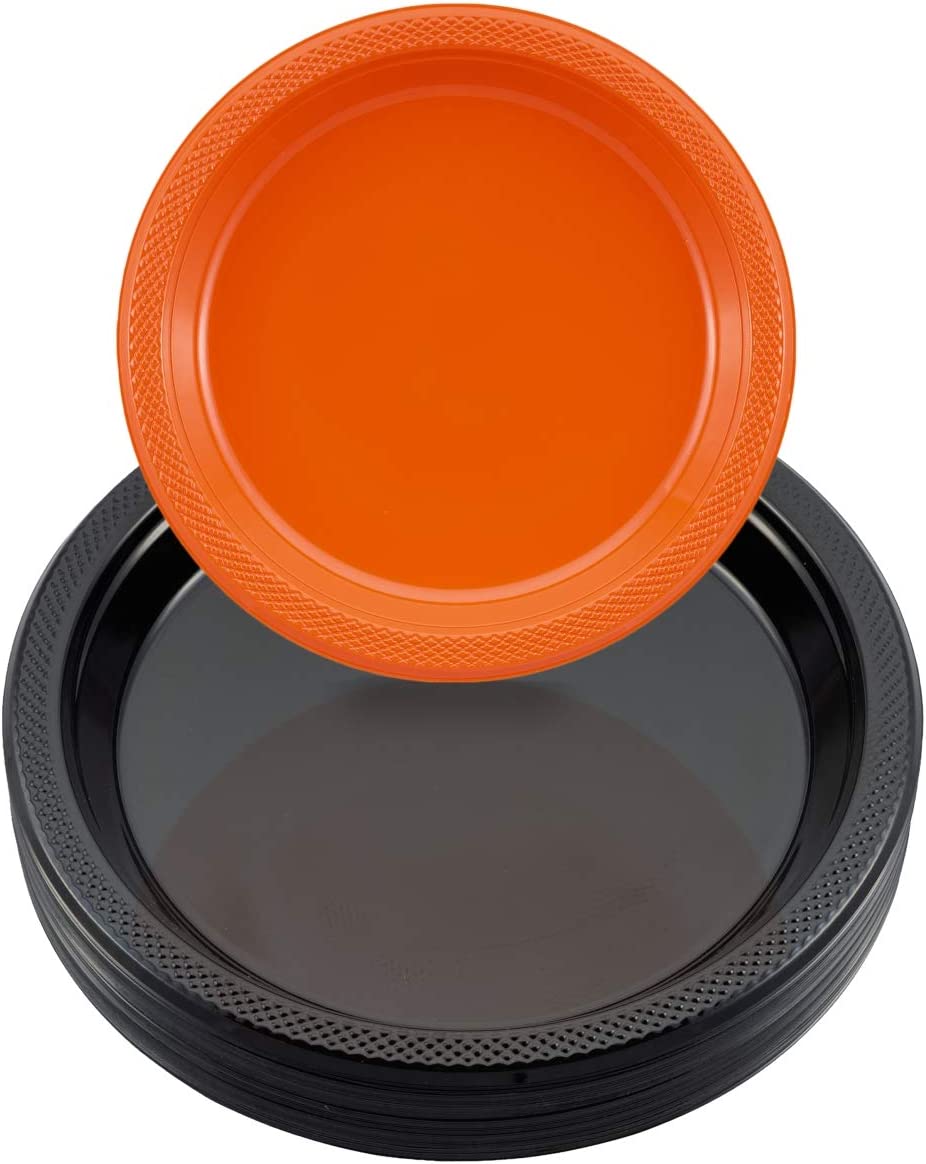 350 pcs Halloween Tableware Disposable Plastic Plates, Cups, Table Napkins, Spoon, Forks, and Knives (Black and Orange)
