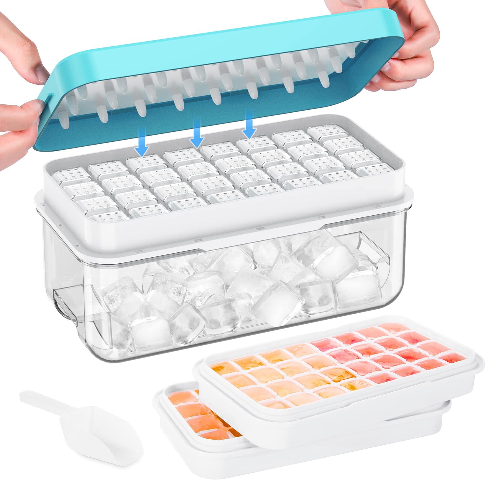 Ice Tray Cube Lid And Bin - 64 Pieces Ice Cubes Molds With 2 Trays