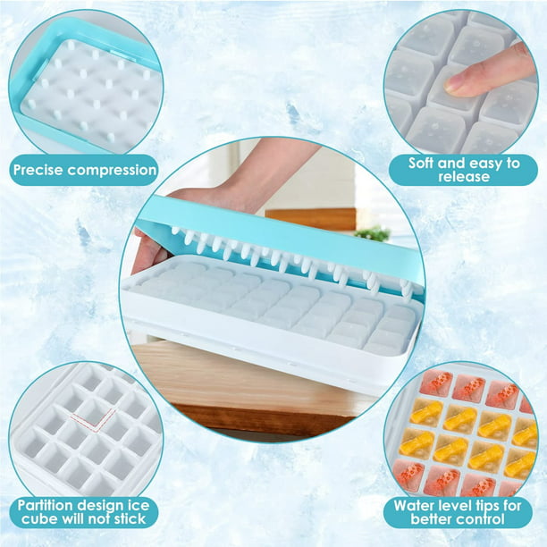 Ice Tray Cube Lid And Bin - 64 Pieces Ice Cubes Molds With 2 Trays