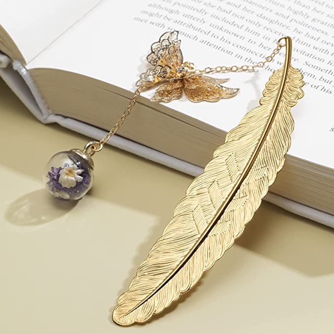 Bookmark Butterfly Feather Metal Gifts for Women (Golden Purple White Flower)