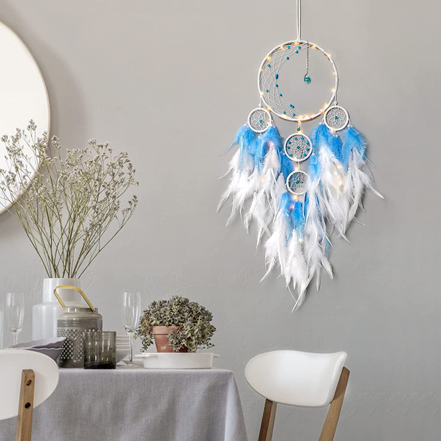 Decor Catcher Led Light Handmade Up Moon Lights Half Circle Dream Feather Blue