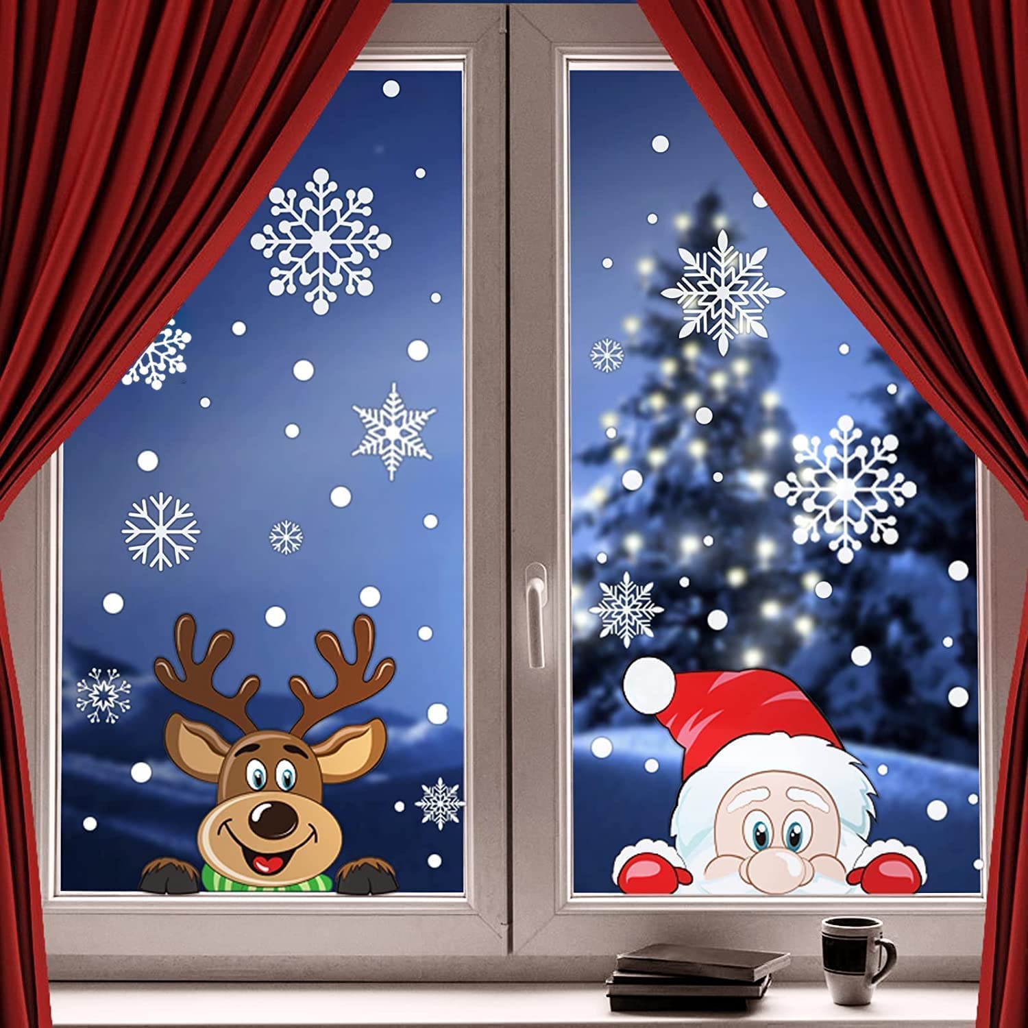 Christmas Snowflake Window Cling Stickers 300 PCS 8 Sheet for Glass Holiday Snowflake Santa Claus Reindeer