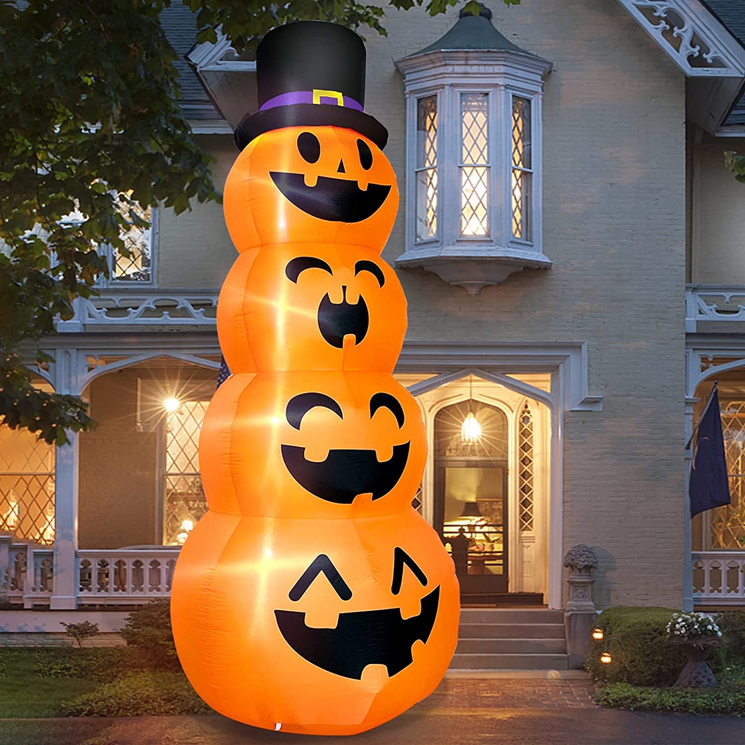 Halloween Inflatables Stacked Pumpkins with Hat, with LED Lights and Accessories, Blow Up Halloween Decorations