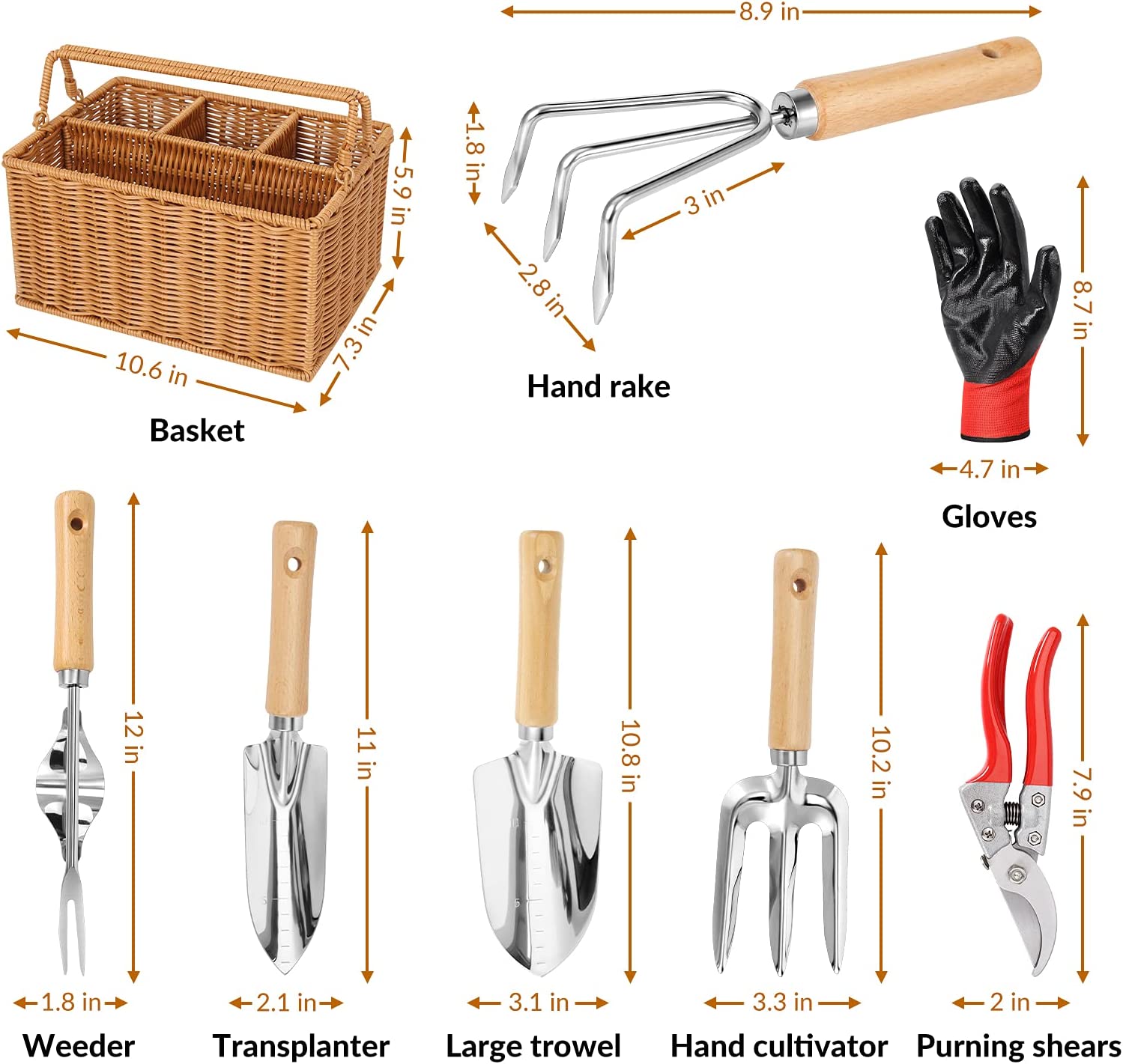 Gardening Hand Tools with Storage Organizer Basket 8 Pieces Garden Tool Set with Pruning Shears, Cultivator, Gloves, Heavy-Duty Stainless Steel Tools