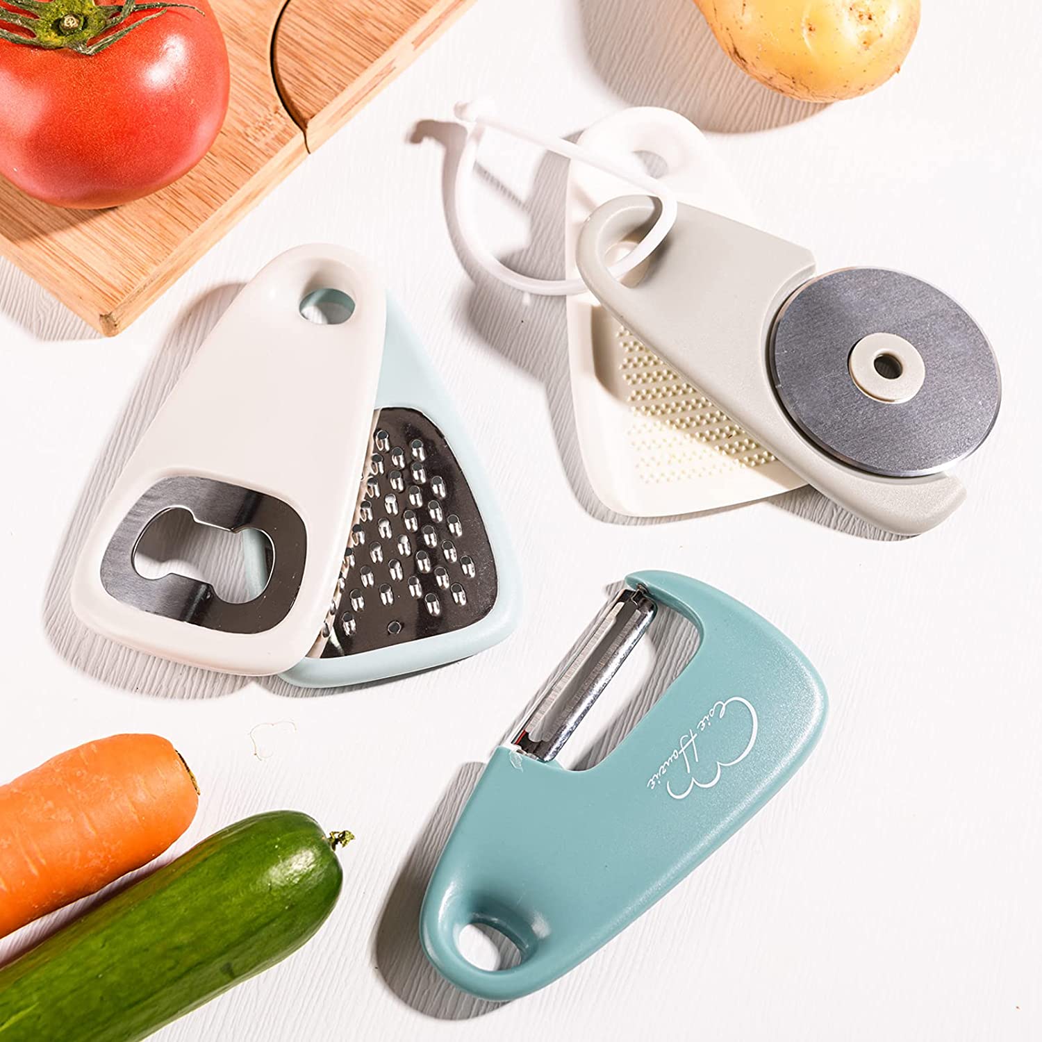 Kitchen Set Gadget Cooking Tools Gadgets, Set of 5, Cheese Grater, Bottle Opener, Fruit/Vegetable Peeler, Pizza Cutter, Garlic/Ginger Grinder (Blue)