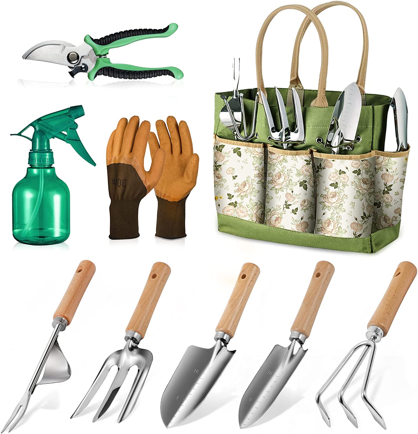 Gardening Hand Tools with Fashion and Durable Garden Tools Organizer Handbag 9-Piece Heavy Duty