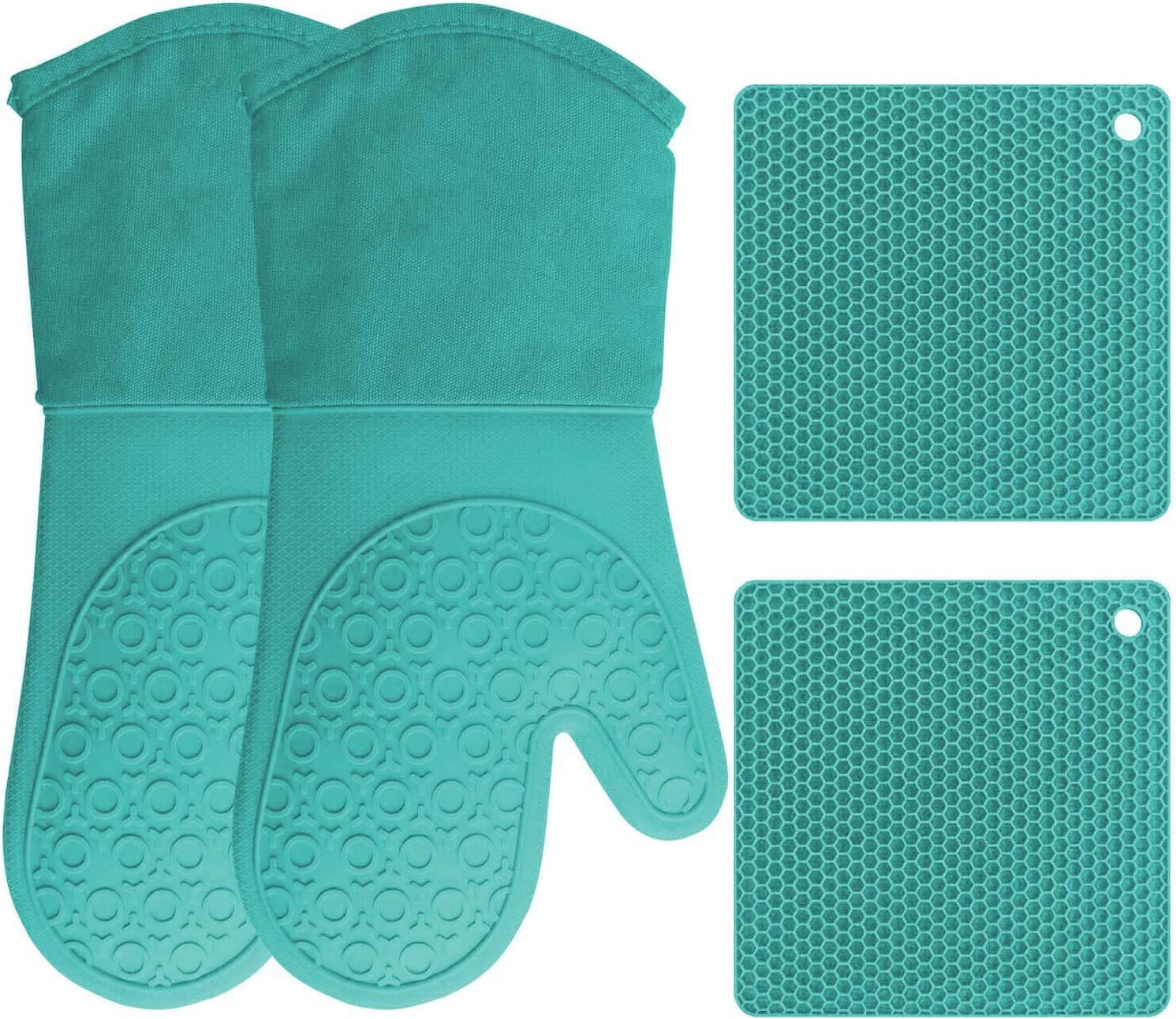 Silicone Oven Mitts and Pot Holders, 4-Piece Set, Non-Slip Textured Grip (Aqua Turquoise)