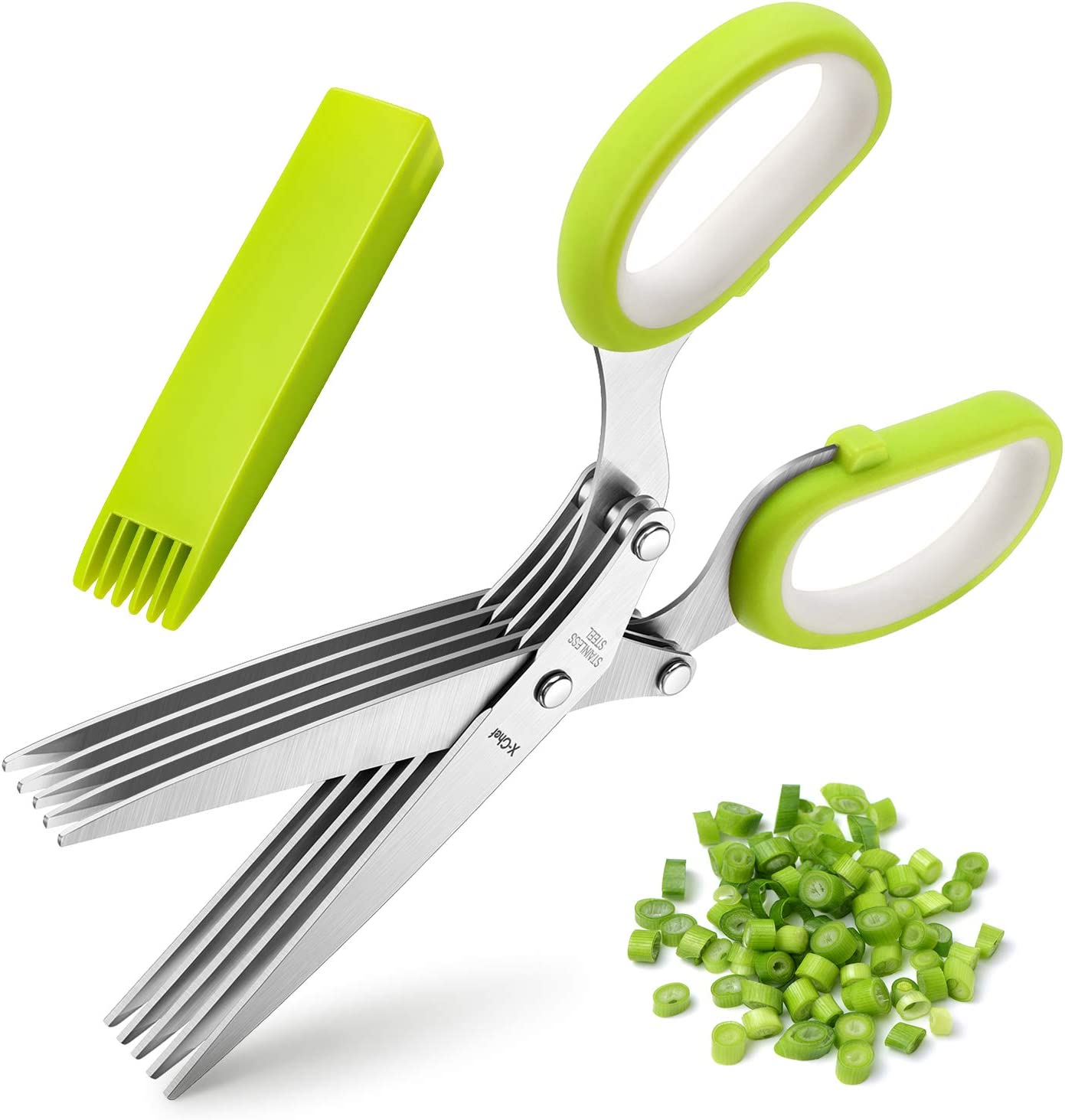 Herb Scissors 5 Blade Kitchen Herb Shears Herb Cutter with Safety Cover and Cleaning Comb for Chopping Basil Chive Parsley (Green)