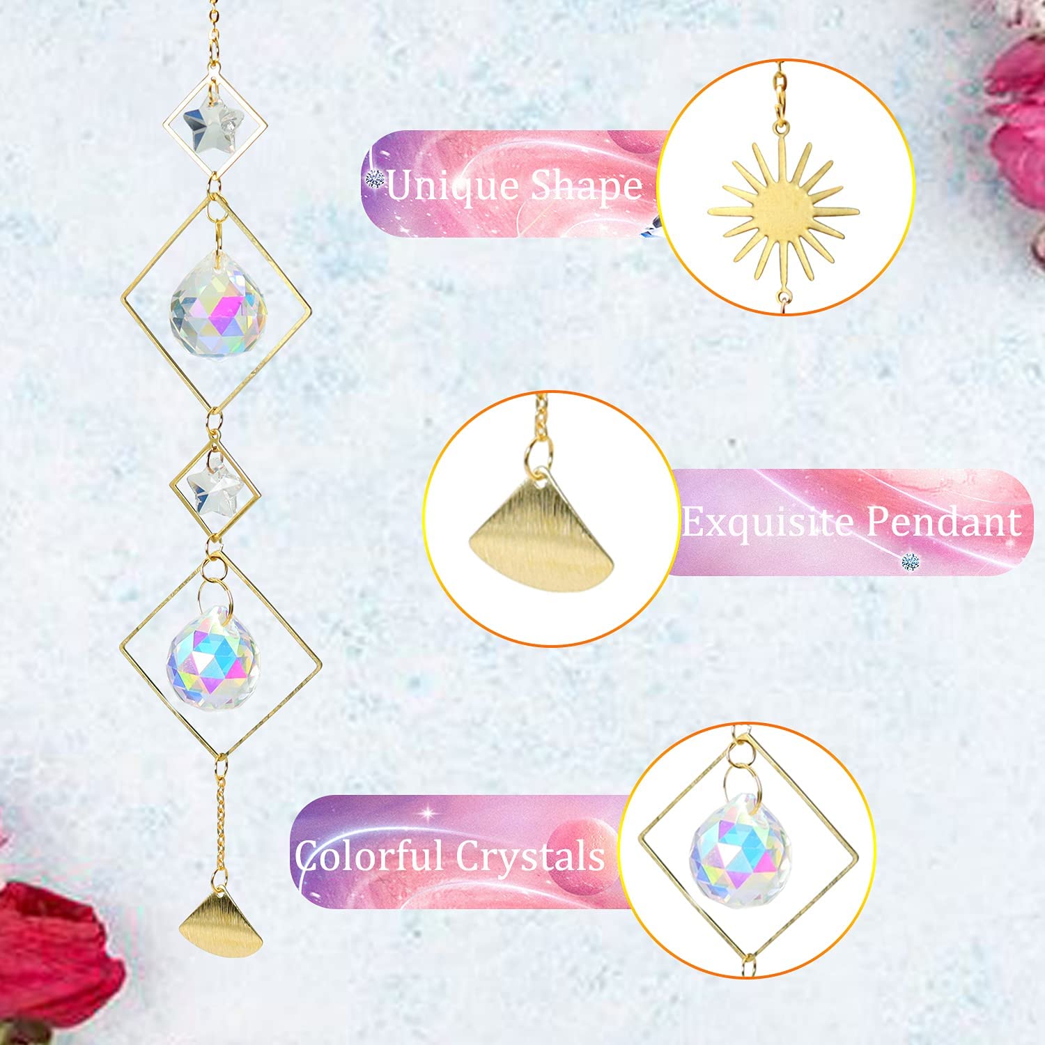 Hanging Suncatcher 6 Pcs Crystals Sun Catcher with Chain Pendant Ornament for Window Home Garden