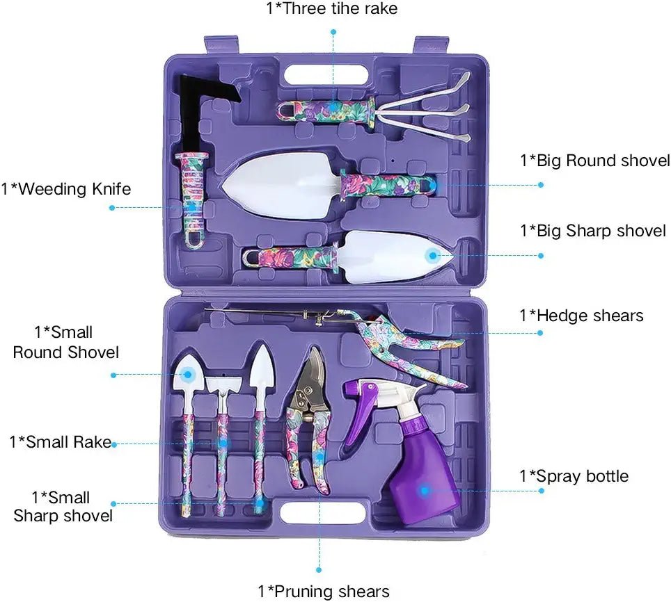 10 Piece Garden Tools Set with Purple Floral Print for Gardening and Gifts for Women