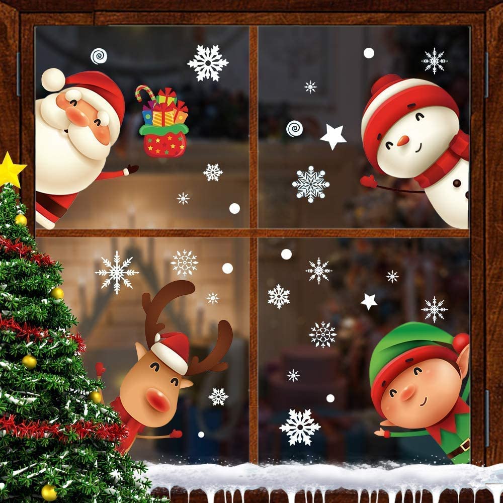 82 Pieces Christmas Window Decal Stickers for Glass Holiday Snowflake Santa Claus Reindeer