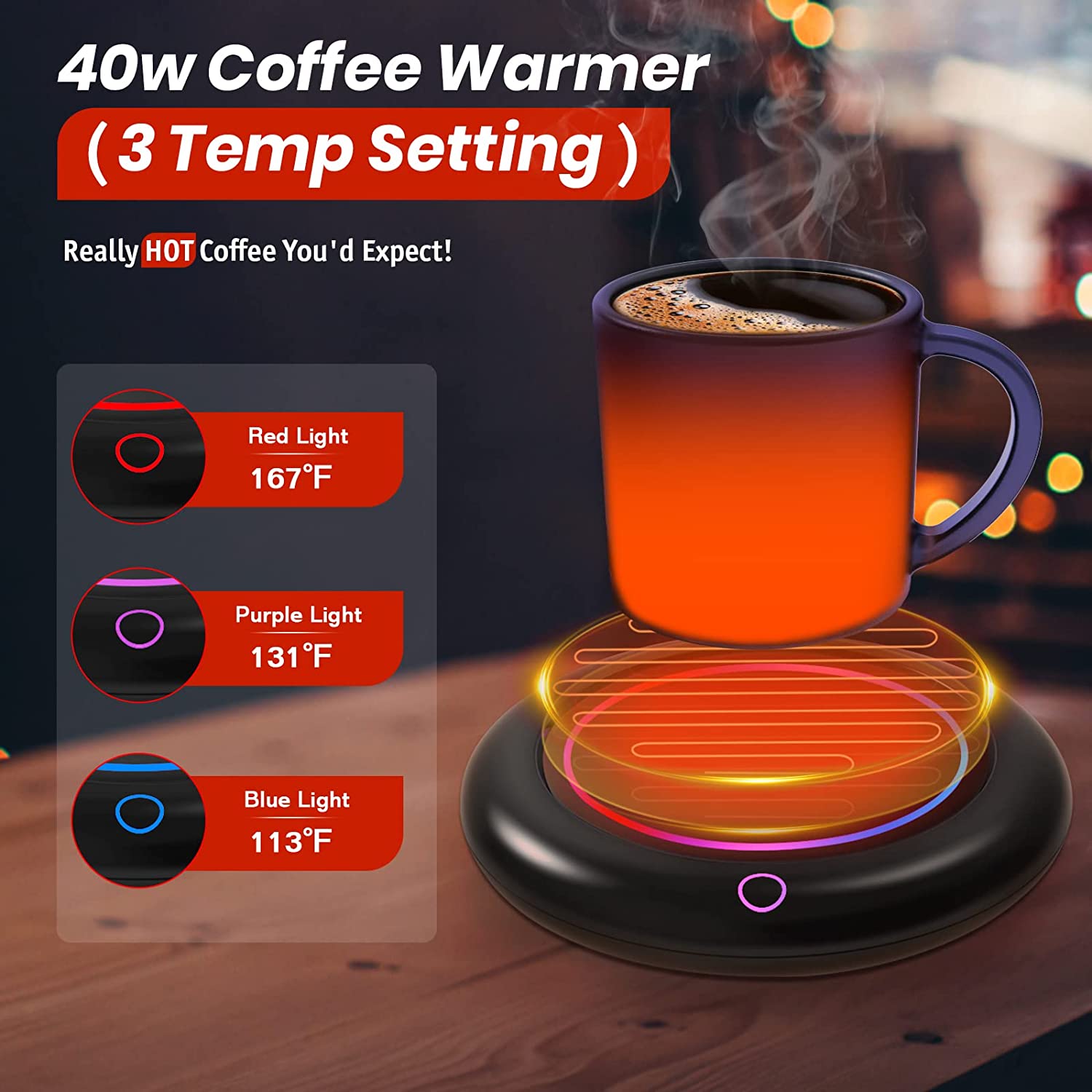 Coffee Candle Warmer Mug Cup Tea Heater for Desk 3 Temp Setting 8H Auto Off Colorful Light