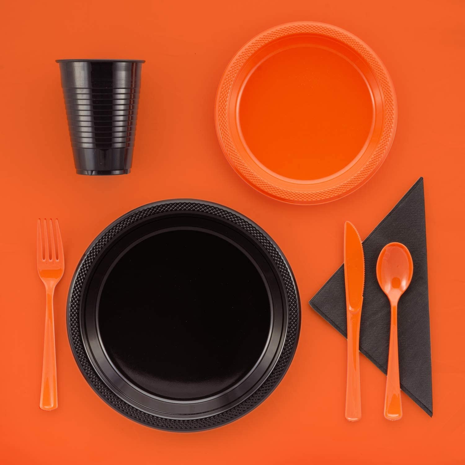 350 pcs Halloween Tableware Disposable Plastic Plates, Cups, Table Napkins, Spoon, Forks, and Knives (Black and Orange)