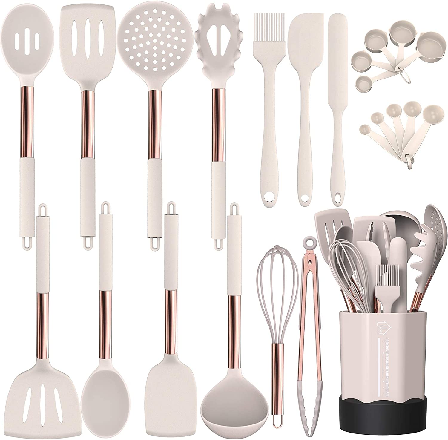 Kitchen Utensil Silicone Set with Copper Handle (24 Pieces, Khaki)