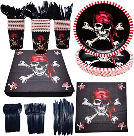 Halloween Disposable Tableware Red Turban Pirate Skull Themed Party Supplies