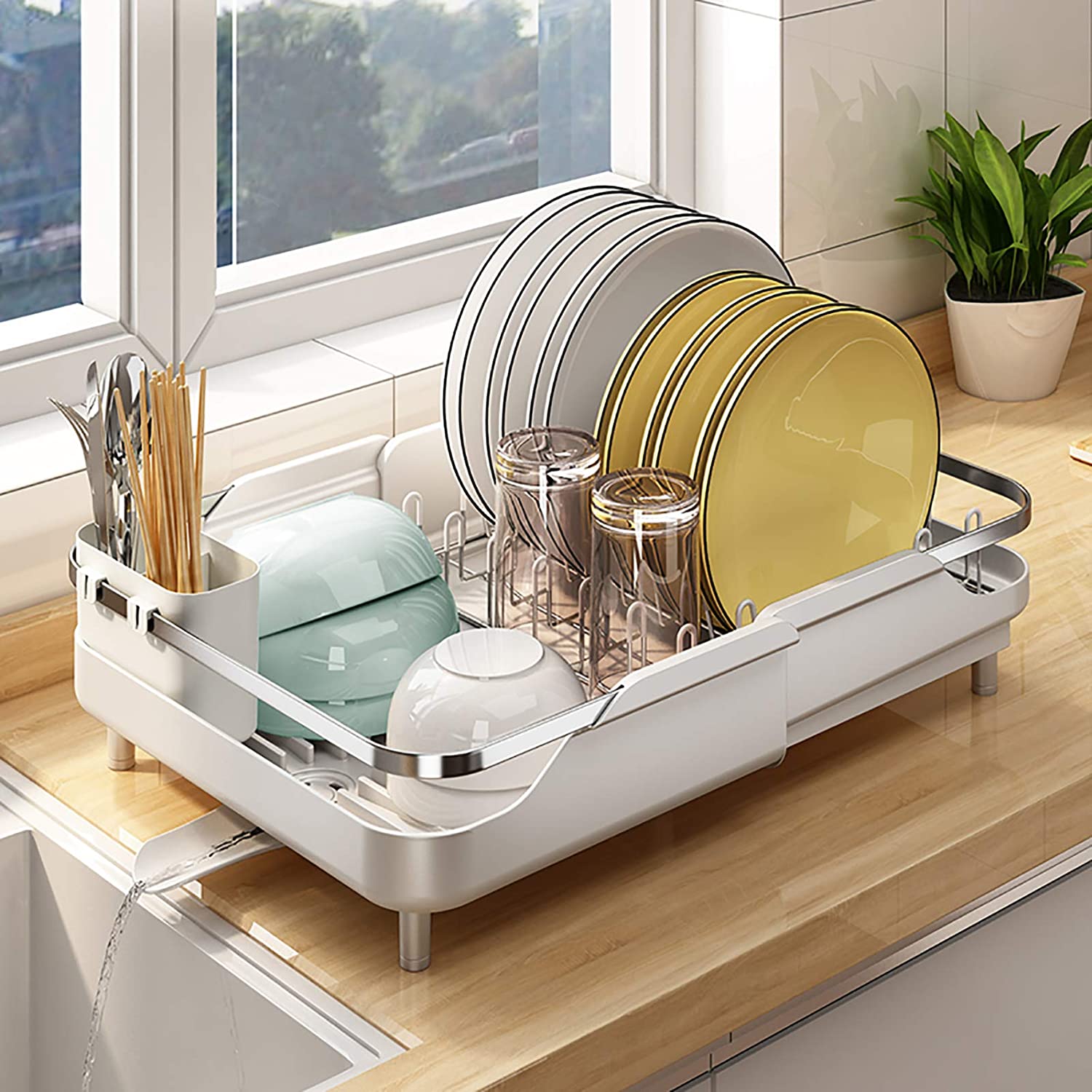 Dish Rack Drying Stainless Steel Kitchen Drainer Sink Expandable(11.5"-19.3") ink Dish Drainer with Cup Holder Utensil Holder for Kitchen Counter
