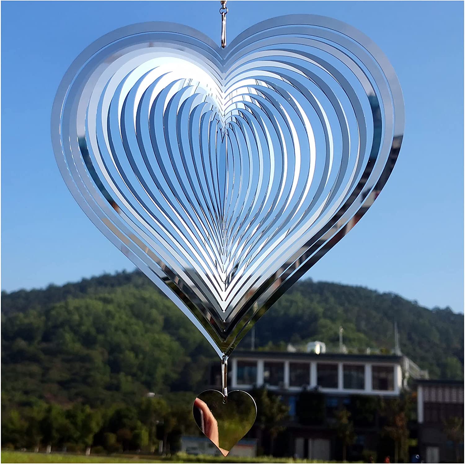 Heart Wind Spinner - 8" Stainless Steel 3D Heart Pattern, Decorative Garden & Home Accessory