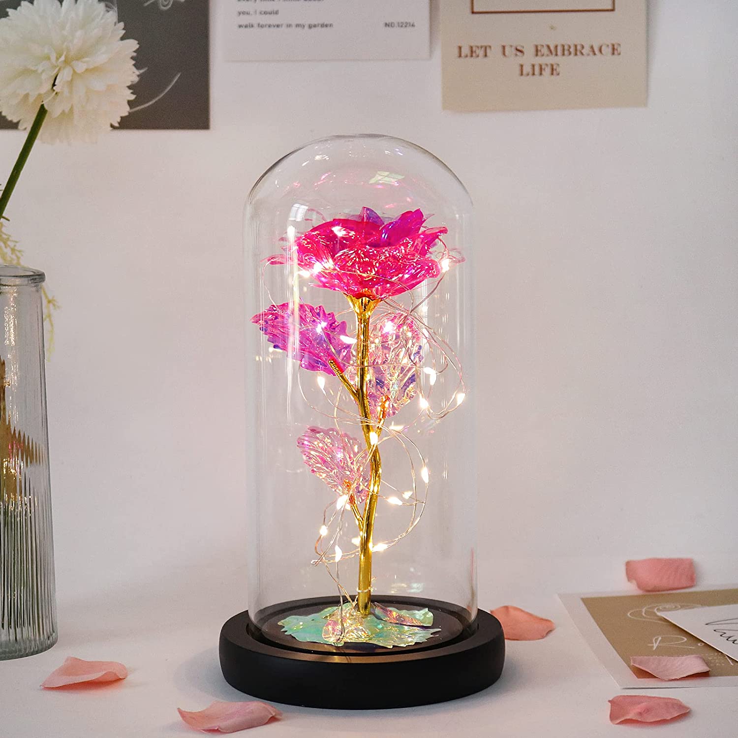 Enchanted Rose Lights in Glass Dome for Home and Gifts (Colorful Pink)