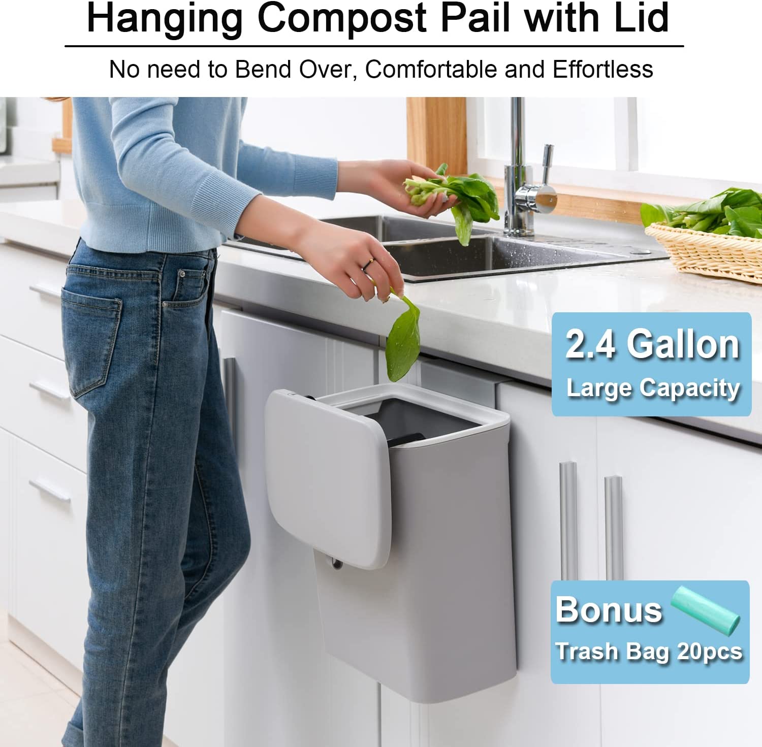 2.4 Gallon Hanging Small Trash Can Bin for Counter Top or Under Sink, Gray