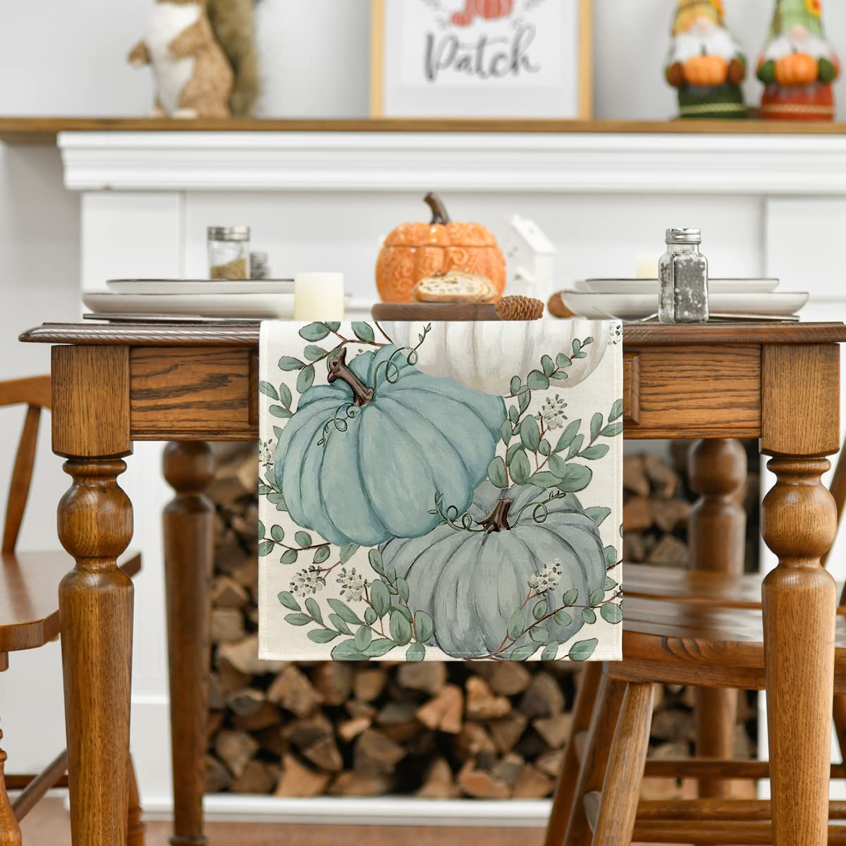 13 x 90 Inch Eucalyptus Leaves Pumpkins Table Runner for Indoor Outdoor Party