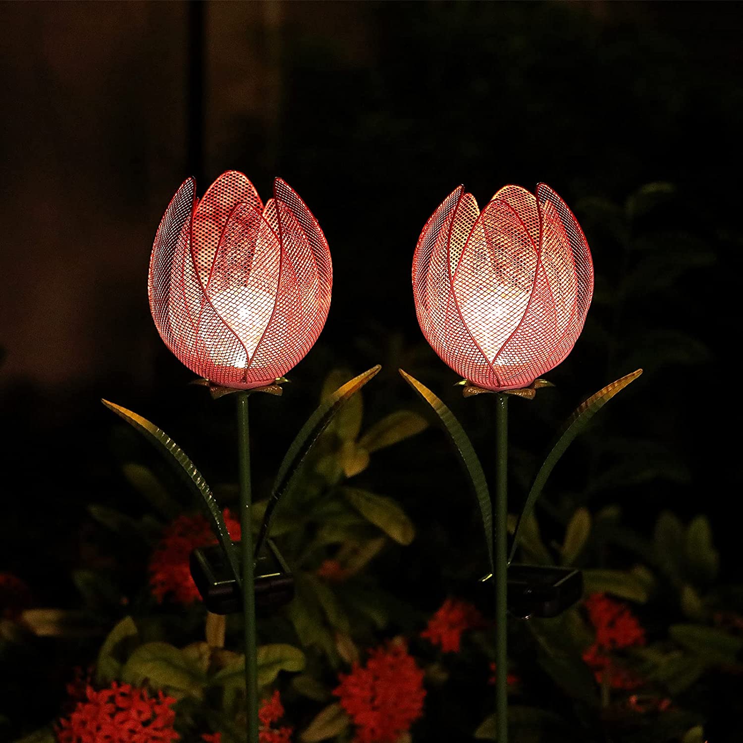 Solar Outdoor Garden LED 2 Pack Solar Large Metal Tulip Flowers Decorative (Red)