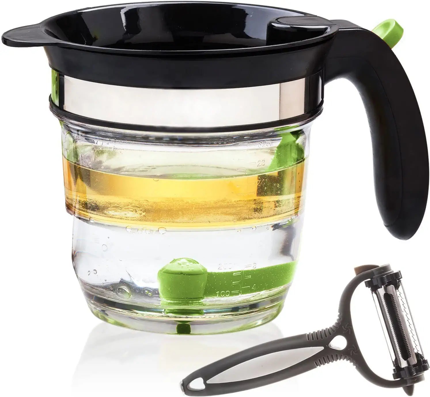 Grease Separator, 4 Cup Gravy Separator for Cooking with Oil Strainer with a 3-in-1 Multifunctional Peeler (Green)