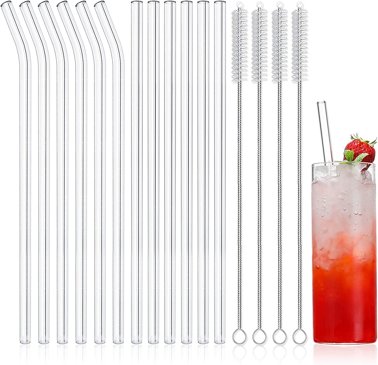 12 Pack Reusable Glass Straws Clear Glass Drinking Straw, Set of 6 Straight and 6 Bent with 4 Cleaning Brushes