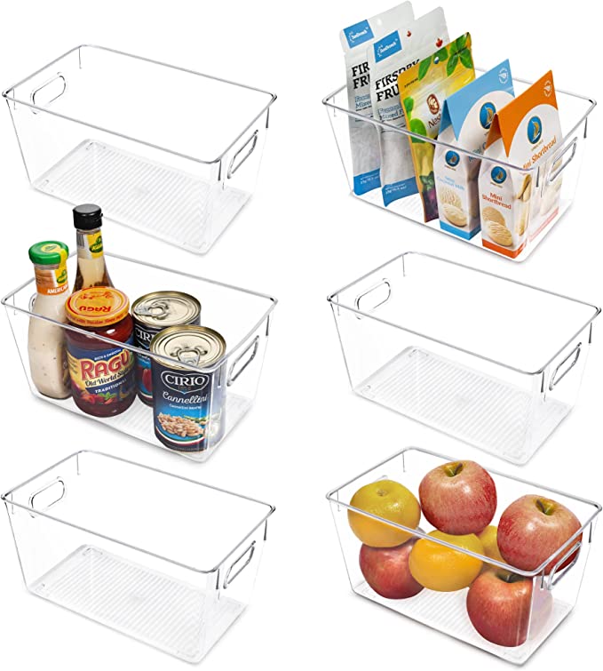 6 Pieces Clear Plastic Pantry Organizer Bins, Food Storage Bins with Handle