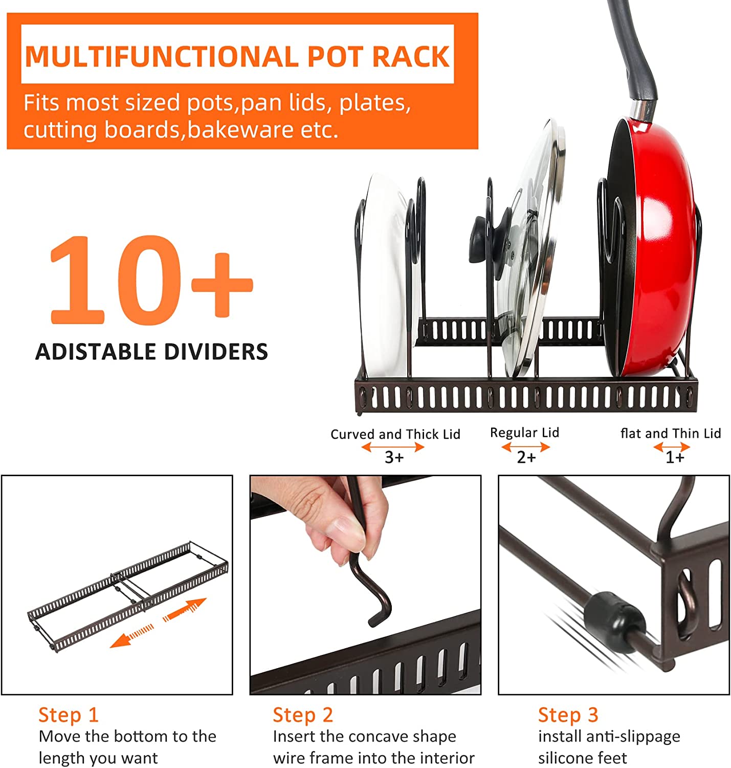 Expandable Pot Lid Organizer Holder for Cabinet, Kitchen, Cookware, with 10 Adjustable Compartment
