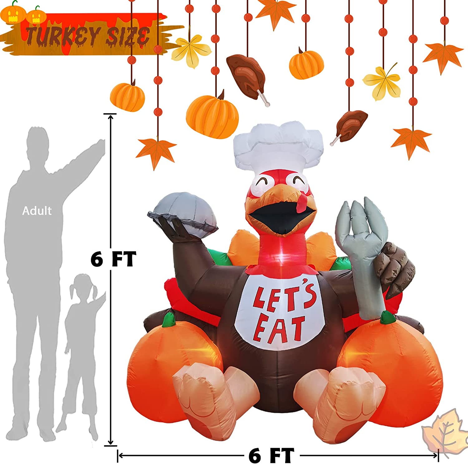 6 FT Inflatable Thanksgiving Turkey and Pumpkin Blow Up Yard Decorations with and Build-in LEDs  for Thanksgiving Decoration