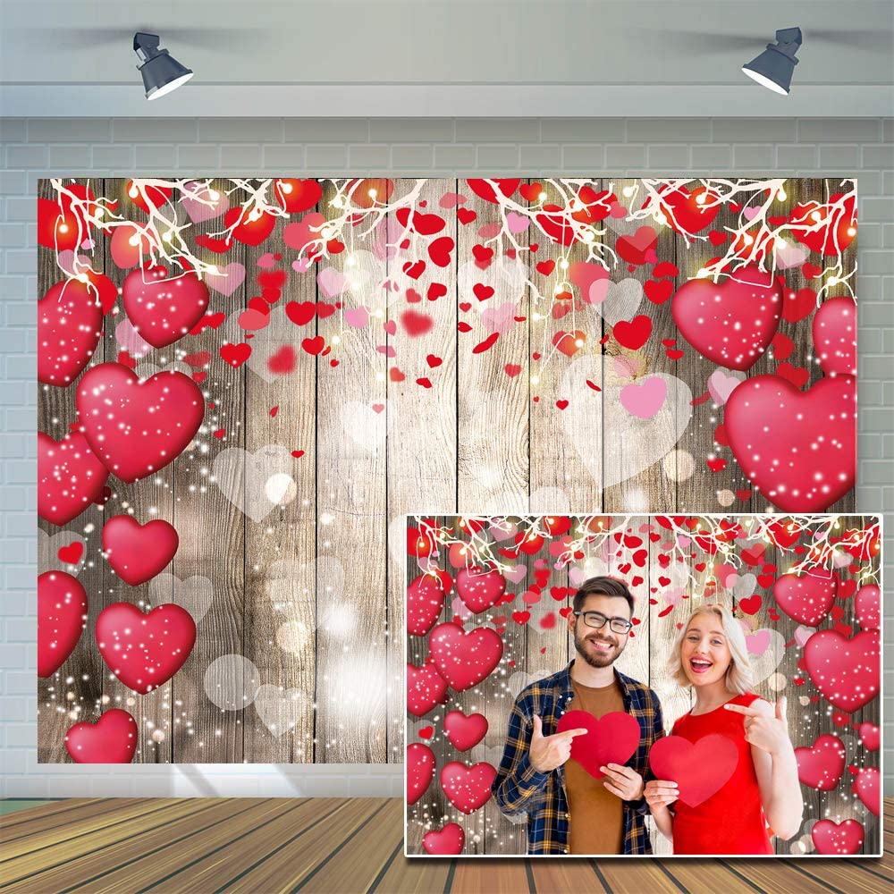 7x5ft Valentine's Day Backdrop - Rustic Wood & Red Love Heart Vinyl Background for Photos & Parties