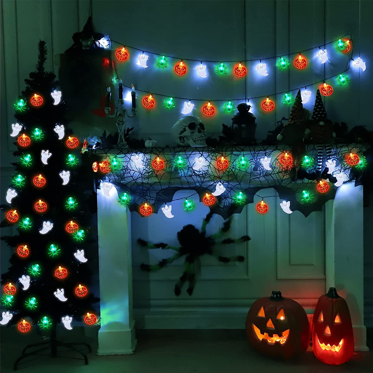 3 Pack Halloween Lights 30Ft 90 LED, 3 in 1 Ghost Pumpkin and Spider String Lights (Each 30LED 10FT)