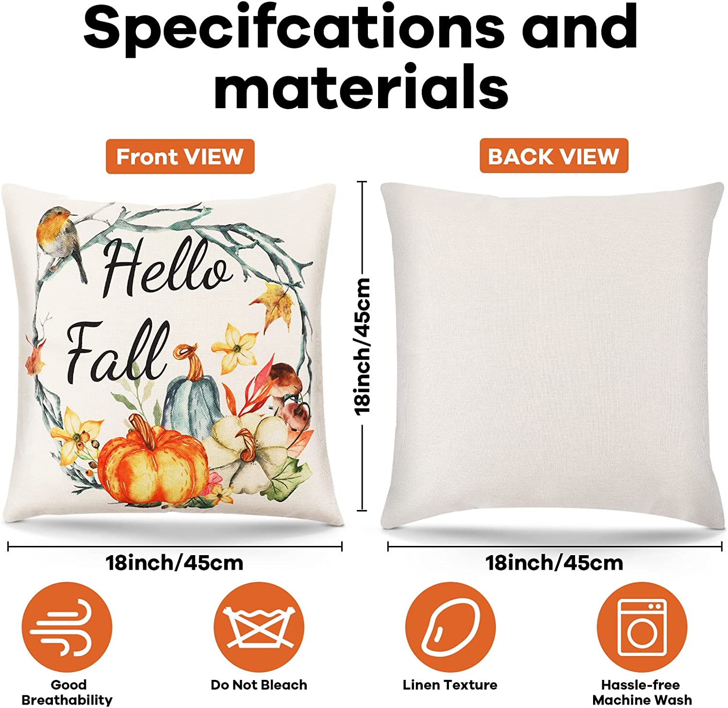 18 x 18 Fall Pillow Covers, Watercolor Pumpkin Pattern Throw Pillowcase Set of 4