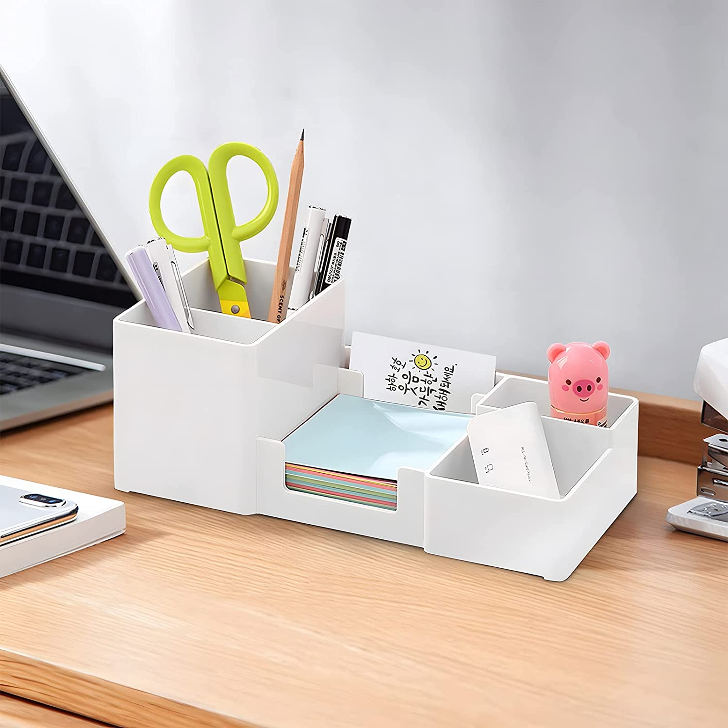 Desk Pencil Holder Desktop Organizer with Pencil Holders, Sticky Note Tray and and Office Accessories Caddy (White)