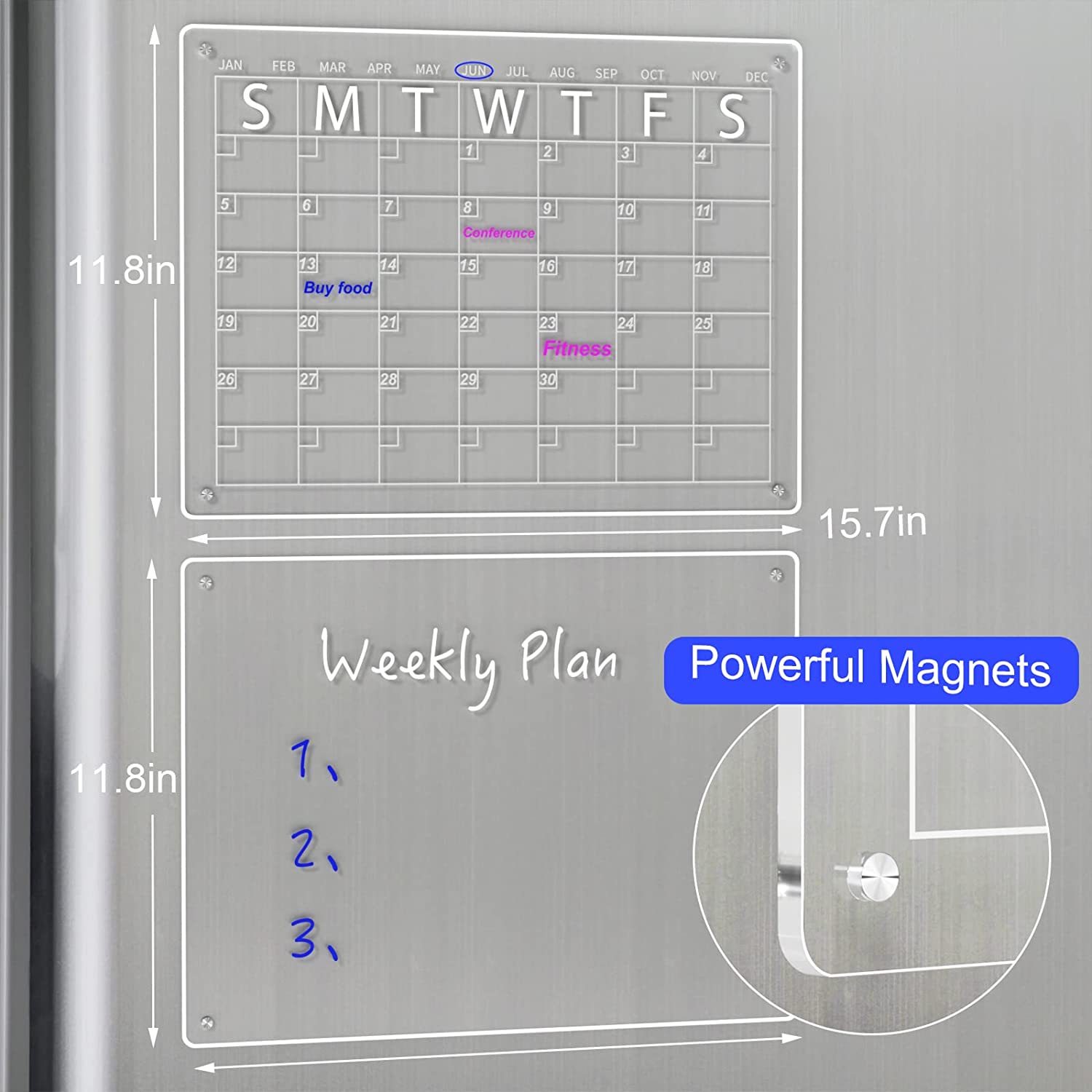 Calendar Magnetic Dry Erase Board Refrigerator 16”x12" Clear 2 Set Acrylic Calendar Planner Board