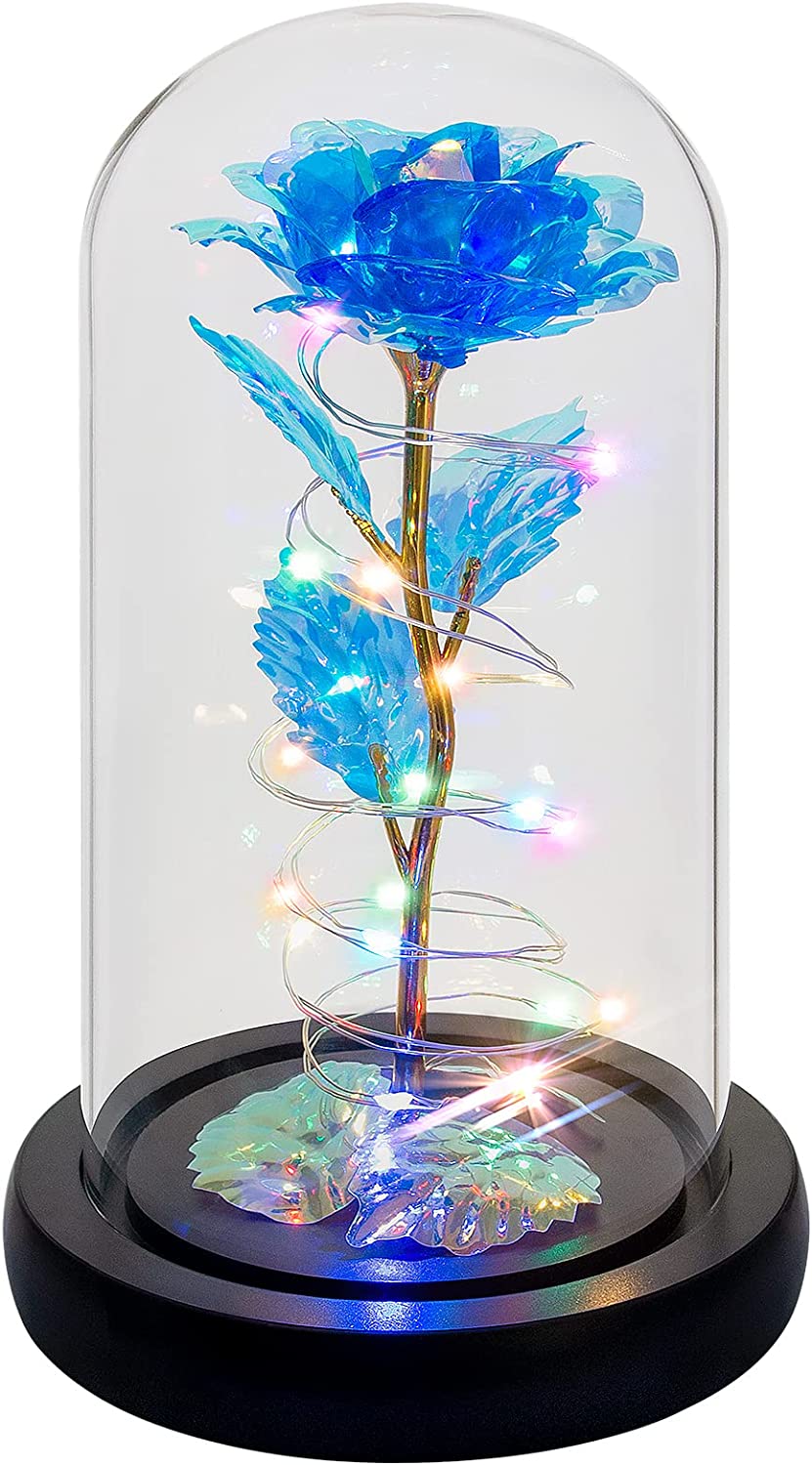 Blue Colorful Artificial Flower in a Glass, Romantic Rose Gifts for Her Valentines Day Roses Gifts