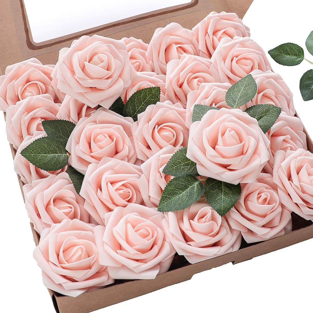 Artificial Pink Roses 25 Pieces Real Looking Blush Foam Fake Roses with Stems