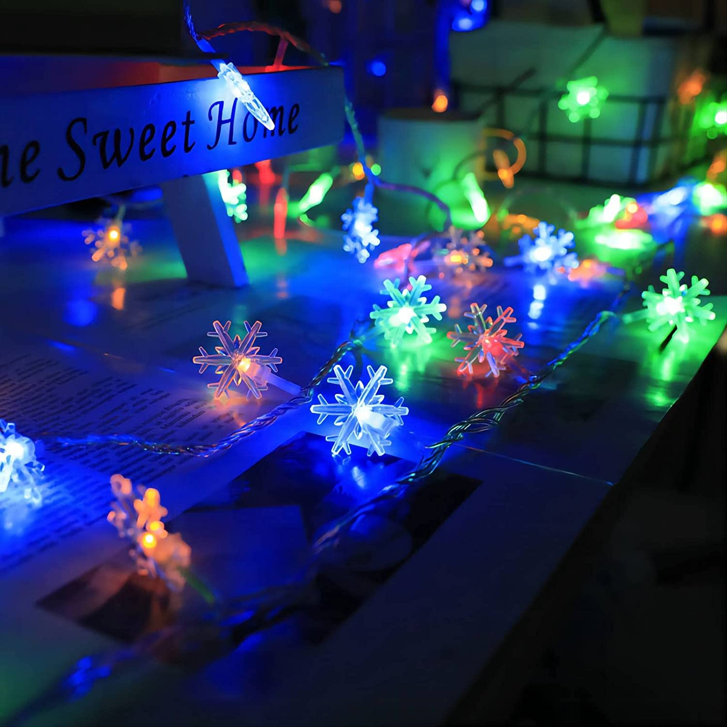 40 LED  Multi Colored Snowflake Battery Operated 20 F String Lights  Modes Colorful Holiday Hanging Lights